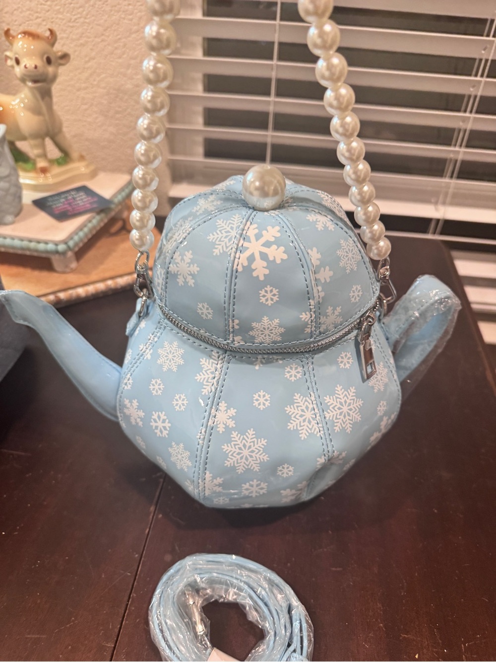 Kids Blue Snowflake Teapot Purse with Pearl Handle